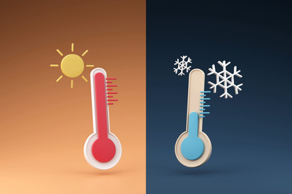 Das Bild zeigt zwei stilisierte Thermometer, einmal bei warmer Temperatur, einmal bei kalter Temperatur.